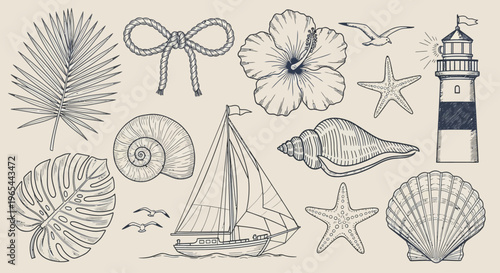 A serene coastal scene featuring a sailboat, lighthouse, and various seashells on a beach.