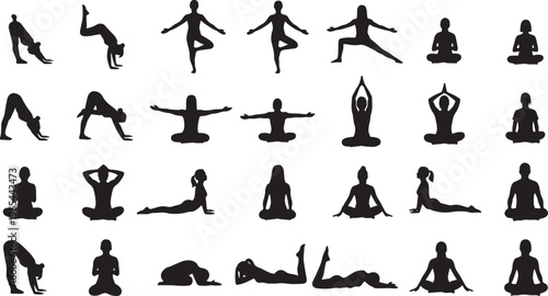 25 yoga poses daily routine flat design vector illustration set