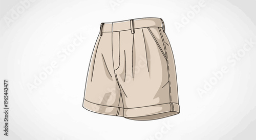 Fashion illustration of tan pleated shorts with cuffed hems and belt loops