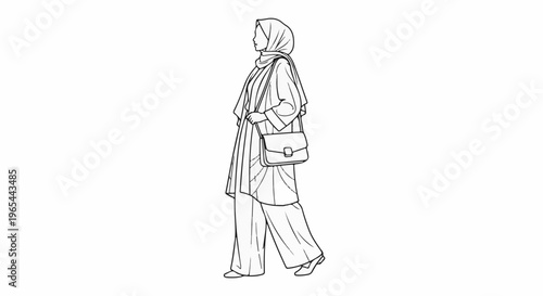 Fashionable woman wearing a hijab and stylish wide-leg pants with a shoulder bag