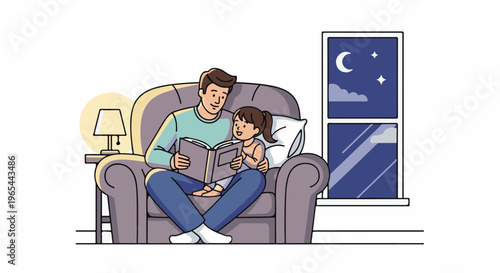 Father and daughter enjoy a cozy bedtime story by lamp light
