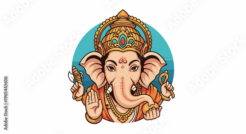 Elephant deity with ornate headdress and traditional adornments