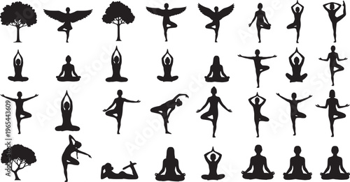 yoga and fitness poses silhouette collection flat design vector illustration