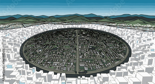 Elevated view of a walled circular city surrounded by sprawling white structures and distant mountains