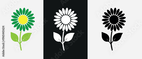 Minimalist daisy flower vector set, flat floral icons in green and yellow, black and white sunflower silhouettes for logo design and branding