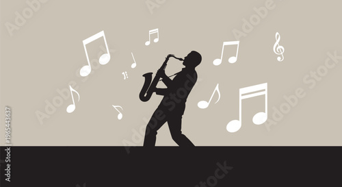 Saxophone player silhouette, music notes, jazz musician icon, musical symbol vector