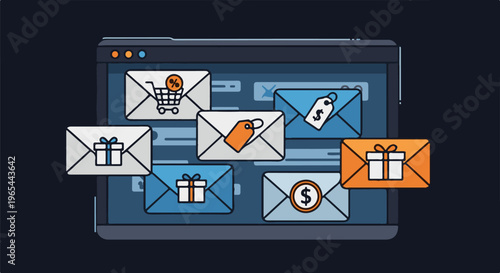 Email marketing campaign with offers, gifts, and shopping cart icons