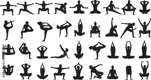 30 diverse yoga poses flat design vector illustration set for fitness and wellness