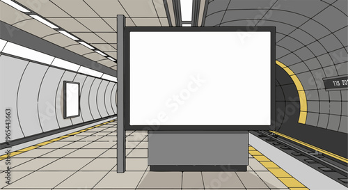 Empty advertising billboard on a subway platform with illuminated ceiling lights
