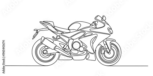 A continuous single line drawing of a fast sport motorcycle rendered in simple black outlines. Vector, illustration