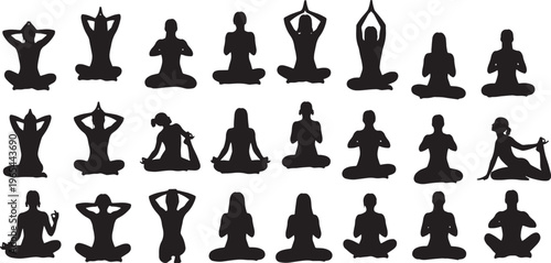 diverse people meditating yoga poses flat design vector illustration