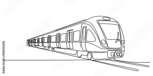 A single continuous line drawing illustration of a modern passenger train on the railway tracks. Vector, illustration