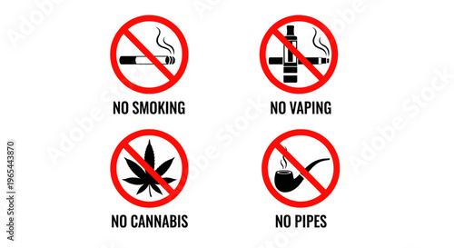 Warning signs prohibit smoking, vaping, cannabis, and pipes in a public area with clear icons.