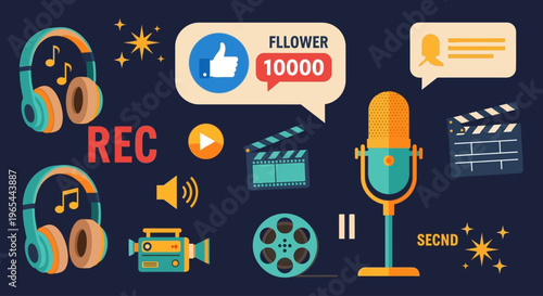 A collection of colorful social media and video recording icons, including headphones, thumbs up, and film strips, arranged on a dark background.