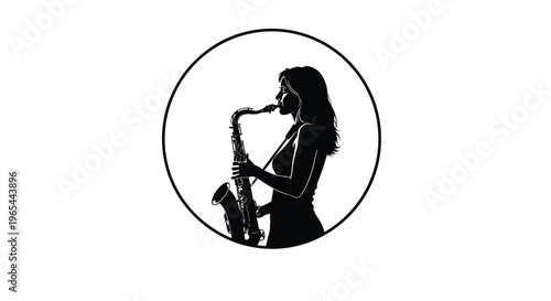 Saxophone player silhouette, jazz music icon, black and white illustration, musical symbol