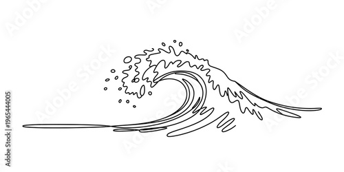 A detailed black and white line art illustration of a crashing ocean wave on a plain background Vector, illustration