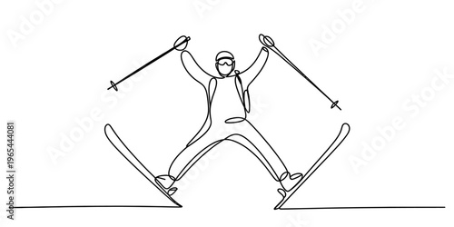 A single continuous line drawing of a skier performing an athletic jump on a white background Vector, illustration