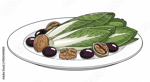Crisp green chicory leaves served with olives and walnuts on a white plate