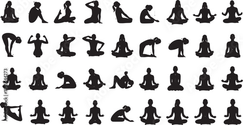 28 yoga poses sequence flat design vector illustration for fitness and wellness