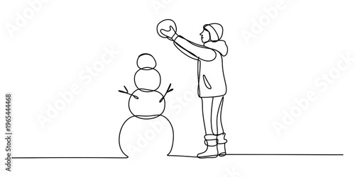 A continuous single line drawing of a person putting a snowball on top of a winter snowman figure. Vector, illustration