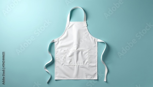 Plain white bib apron lays flat on blue surface. This kitchen garment features a chest pocket and adjustable neck strap. Useful for cooking baking crafts and cleaning tasks.