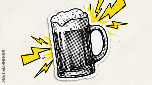 Pop Art Halftone Distressed Beer Mug Sticker Illustration, Worn Retro Foam Beer Glass Icon, Vintage Torn Paper Collage Element, 90s Magazine Style Graphic
