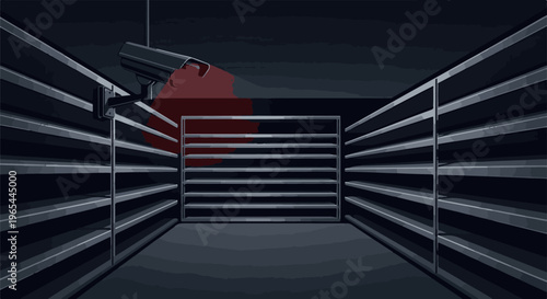 Dark, empty shelves are monitored by a security camera with a red spotlight