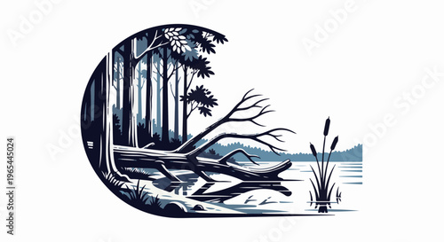 Dark forest scene with fallen tree over water, cattails on shore