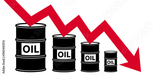 Oil barrels with decreasing graph showing decline in oil prices and production levels