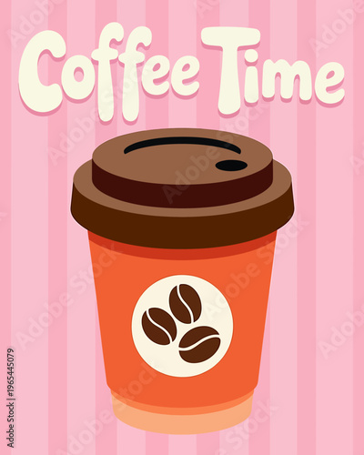 Illustration of orange coffee cup with brown lid and coffee beans  take away coffee