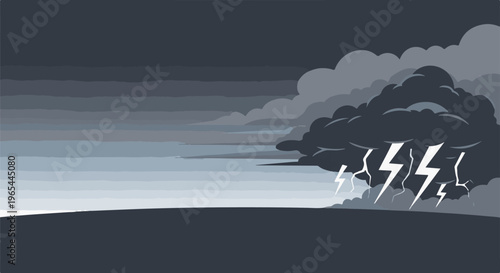 Dark storm clouds gather, casting shadows over a serene landscape as lightning strikes