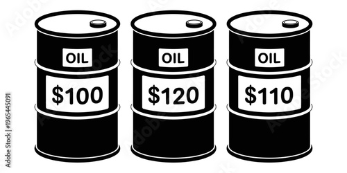 Three oil barrels with different prices on white background