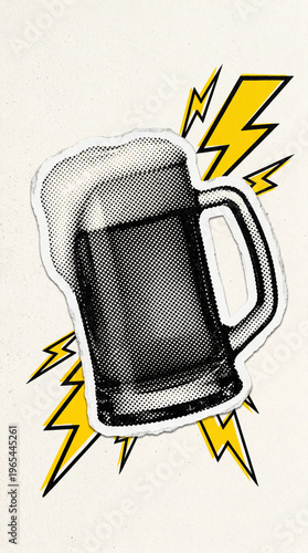 Pop Art Halftone Distressed Beer Mug Sticker Illustration, Worn Retro Foam Beer Glass Icon, Vintage Torn Paper Collage Element, 90s Magazine Style Graphic, Vertical bg

