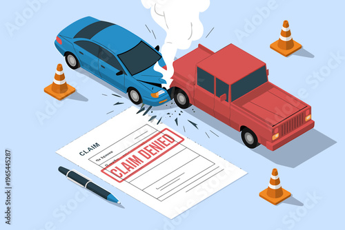 Cars accident with claim denied insurance form and traffic cones on road