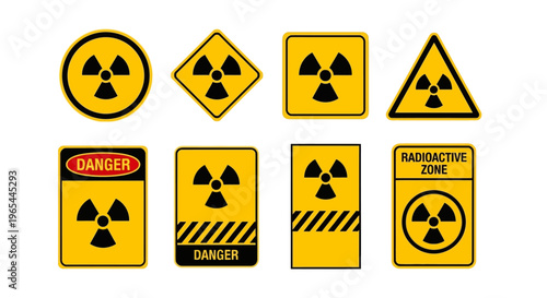 Radioactive warning signs display various symbols and labels.