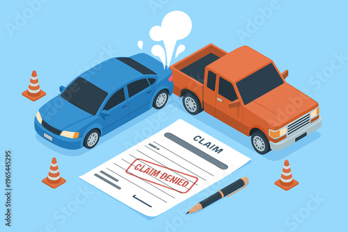 Car accident with claim denied insurance form and traffic cones on road