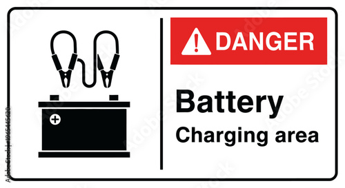A warning sign indicates a battery charging area with a battery and cables.