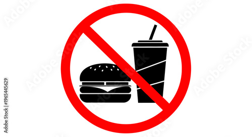 A graphic illustration of a forbidden fast food sign with a burger and soda.