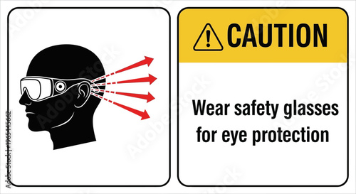 A caution sign warns a person wearing safety glasses for eye protection in an industrial environment.
