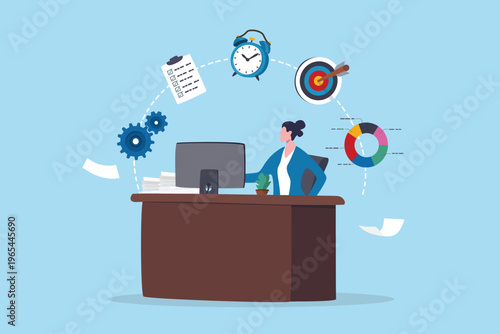 Productive office, professional employee with efficiency working tools, strategy or schedule planning, routine or productive activities, businesswoman working at office desk with productivity tools.