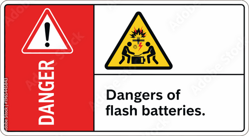 Warning sign indicating dangers of flash batteries in industrial settings