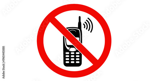A close-up view of a no cell phone sign with a red circle and a black phone inside.