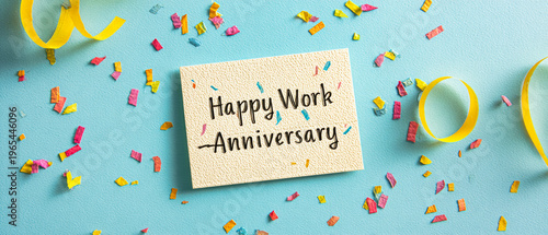 Bright and cheerful work anniversary sticker surrounded by colorful confetti and streamers on a lovely pastel background, perfect for celebration