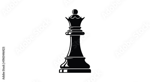 A striking black queen chess piece is prominently displayed against a clean white background creating a bold silhouette