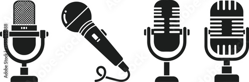 Solid silhouette vector icons set of professional microphones, radio studio equipment, podcasting gear, and vintage stage performance symbols,