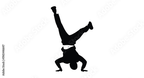 A dynamic black silhouette of a person performing a handstand breakdance move against a stark white background silhouette