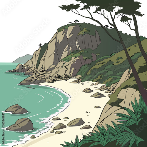 A serene beach scene with a sandy shore, large rocks, and a mountainous landscape covered in greenery, trees, and bushes, overlooking calm turquoise water