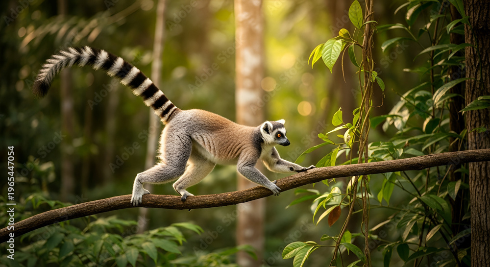 Obraz premium Ring-tailed lemur walking on a tree branch in lush green Madagascar forest sunlit exotic wildlife scene tropical animal in natural habitat