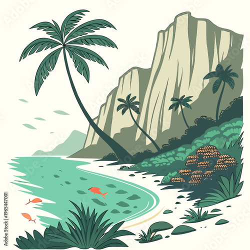 A serene tropical beach scene with palm trees and a large rock formation on a warm sunny day