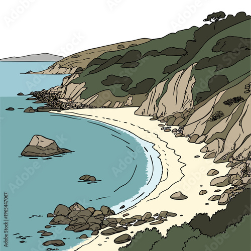 A serene beach scene with a sandy shore, large rocks, and a hillside covered in greenery, overlooking a calm blue ocean